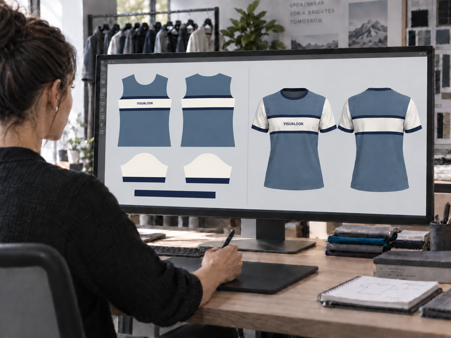 Diseñadora revisando el patrón 2D y la camiseta 3D, con el cuello y los gráficos coordinados
